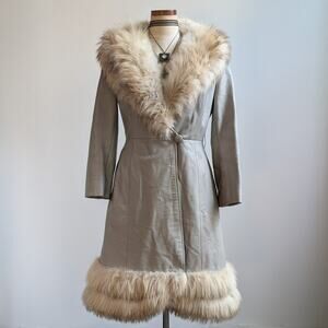 Vintage Leather Penny Lane Coat Grey Cream Fur Trim Trench Afghan Jacket Medium